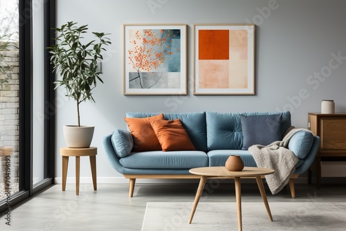 Blue sofa in a living room with two paintings on the wall