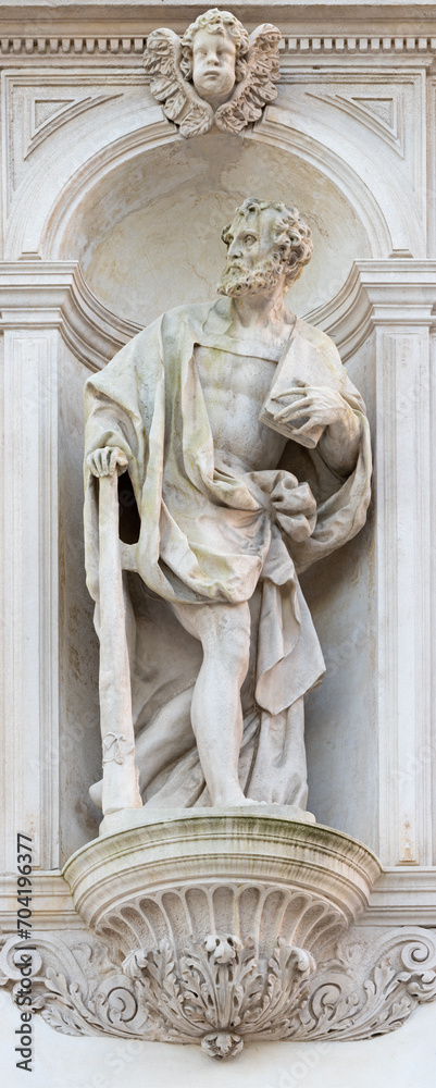 Vicenza - The statue of St. Jude Thaddeus the Apostle on the facade of church Santuario Santa Maria di Monte Berico in the evening light by Orazio Marinali(1688 - ca 1707).