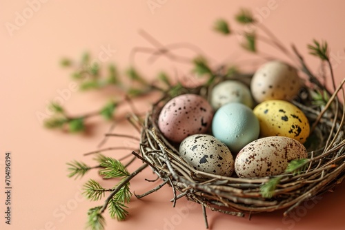 Nest with colorful Easter eggs and spring flowers on a peach colored background