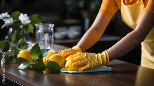 gloved hands wiping counter with lemon halves nearby photo