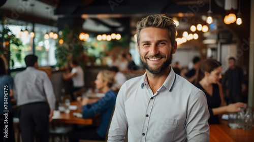 Confident male professional standing in a busy restaurant