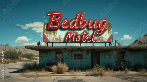 Neon sign for a bedbug motel - bed bug infested hotel, sleazy cheap roadside accommodation photo