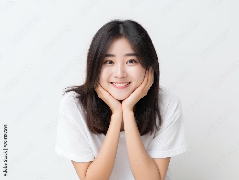 Beautiful asian woman puts hand on chin isolated on white background Beautiful asian woman puts hand on chin isolated on white background