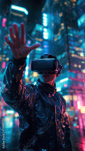 A Man Wearing VR Goggles Reaches Out with His Hand in a Cyberpunk Neon City of the Future. Rainy Weather
