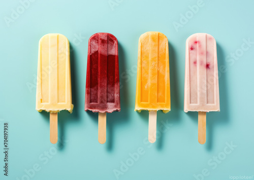 Set of various colorful fruit and berry popsiclesมSet of fruit ice cream, frozen juice on wooden stick, fruity popsicle. Colorful cold summer dessert