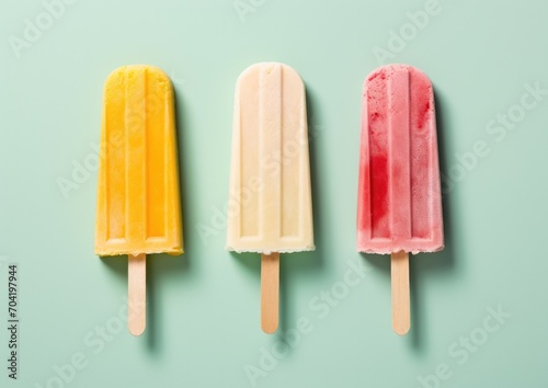 Set of various colorful fruit and berry popsiclesมSet of fruit ice cream, frozen juice on wooden stick, fruity popsicle. Colorful cold summer dessert photo