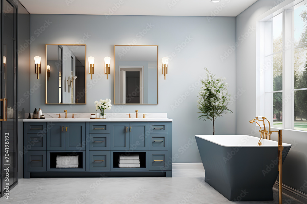 Brand new luxury home showcases a beautiful bathroom flooded with light, featuring a spacious vanity with dark blue cabinets, two sinks, a bathtub, circular mirrors, and a stylish closet.