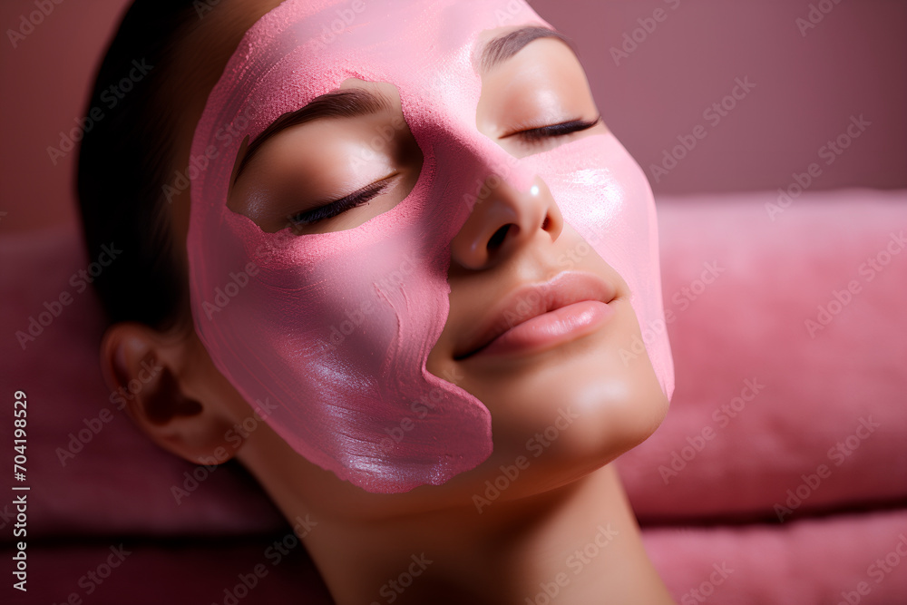 A lovely young girl receives a pink facial mask at an indoor spa salon, providing ample copyspace for text. A lovely young girl receives a pink facial mask at an indoor spa salon, providing ample copyspace for text.