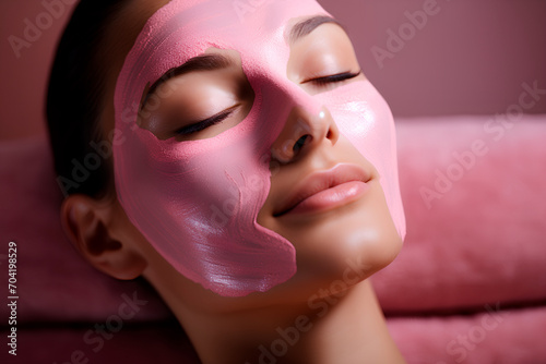 A lovely young girl receives a pink facial mask at an indoor spa salon, providing ample copyspace for text.