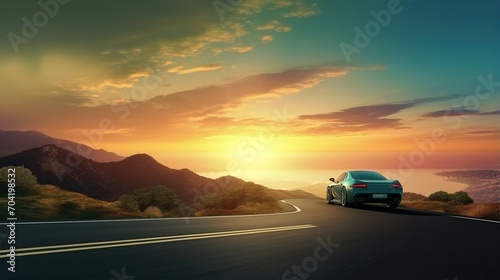 Green sports car driving through a winding road with mountains and sea in the background © duyina1990