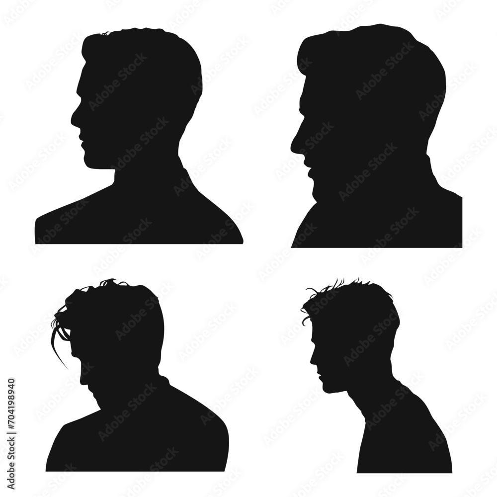 Set of Man Head Silhouette. For User Profile. Isolated On White Background. Vector Illustration