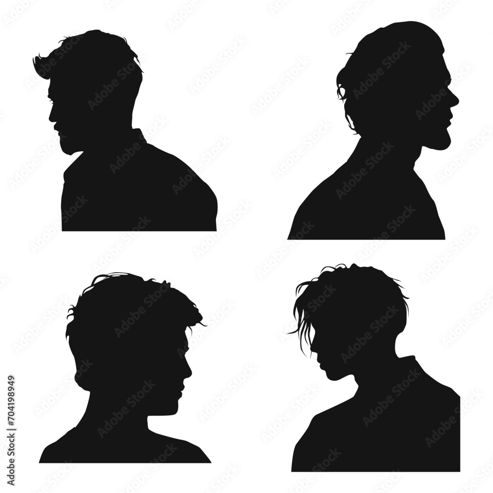 Set of Man Head Silhouette. For User Profile. Isolated On White Background. Vector Illustration