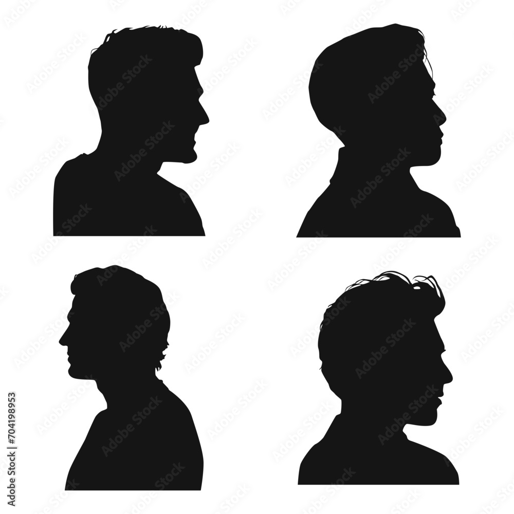 Set of Man Head Silhouette. For User Profile. Isolated On White Background. Vector Illustration