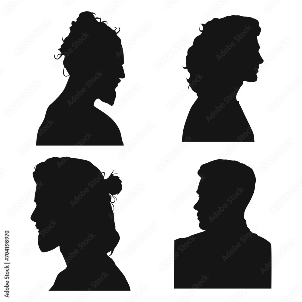 Set of Man Head Silhouette. For User Profile. Isolated On White Background. Vector Illustration