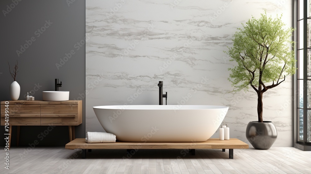 Fototapeta premium Modern bathroom interior with freestanding bathtub, wooden vanity, and large tree in planter