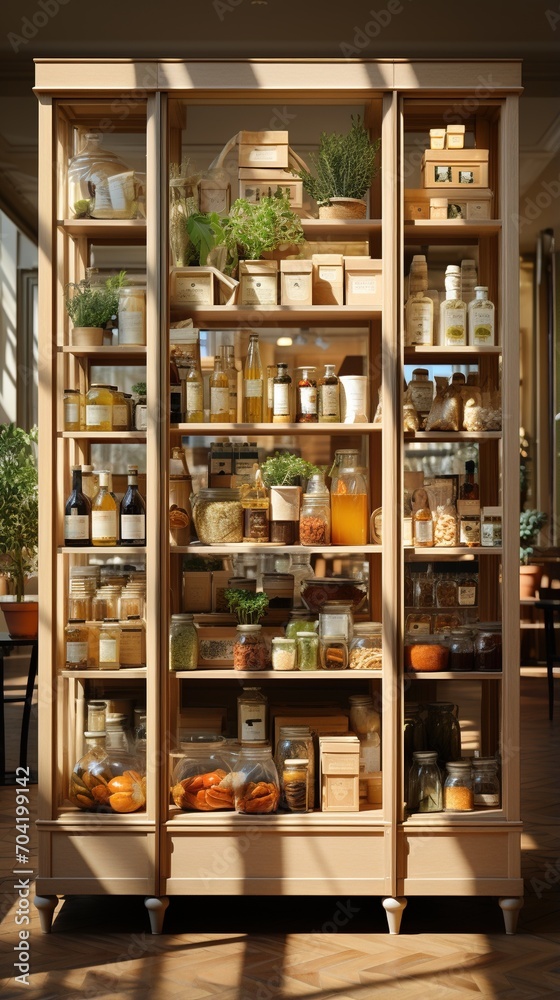 Image of a wooden pantry with a variety of food items