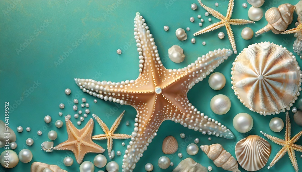 Beach starfish collage random things pearls seashells on a blue background Beach starfish collage random things pearls seashells on a blue background