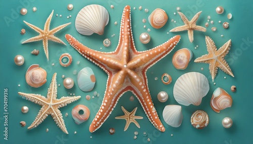 Beach starfish collage random things pearls seashells on a blue background