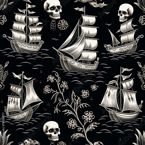 seamless pattern with pirate skulls black and white © LightUpTheDark