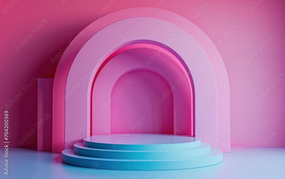 Blue round podium with pink minimal display abstract beige background. 3D Modern blue and pink minimal showcase product presentation Blue round podium with pink minimal display abstract beige background. 3D Modern blue and pink minimal showcase product presentation