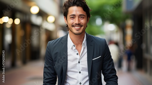 カジュアルな恰好をした笑顔のアジア系男性