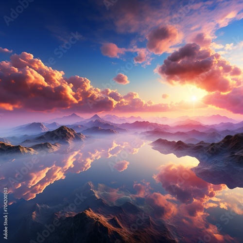 Fantasy Landscape with Misty Mountains and Pink Clouds