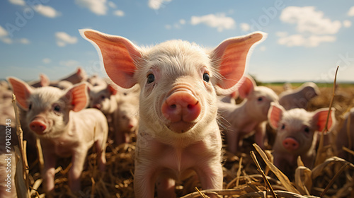Tiny pigs piglet baby on a farm. Crowd of pigs. Grassy field.