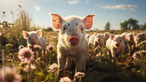 Piglet Gathering: A Crowd of Tiny Piglets on a Farm, Enjoying the Grassy Field as They Play and Explore