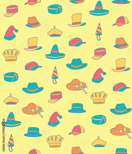Colorful Happy Seamless Pattern Vector Hats and Caps Illustration with Yellow Background