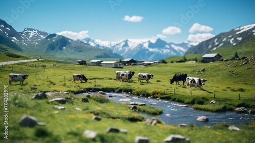 Cows grazing in a lush green pasture with snow-capped mountains in the distance