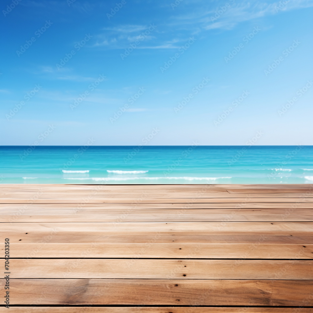 Wooden dock over calm blue ocean with clear blue sky Wooden dock over calm blue ocean with clear blue sky
