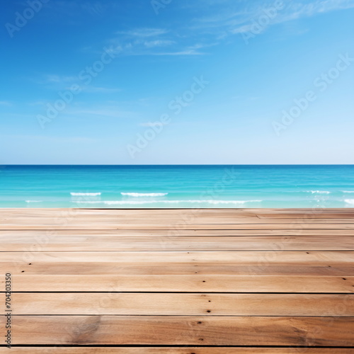 Wooden dock over calm blue ocean with clear blue sky