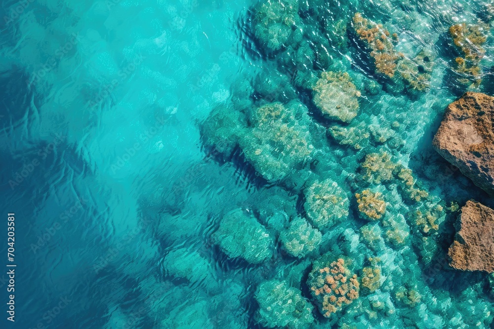 Aerial view of a coral reef in crystal clear ocean water