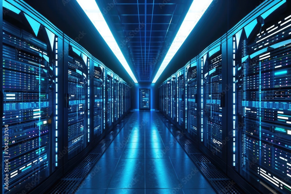 High-tech data center with rows of servers and led lights