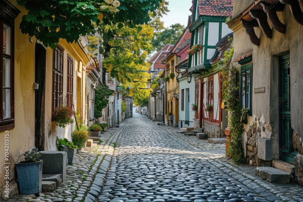 Fototapeta premium Old european cobblestone street with historic buildings