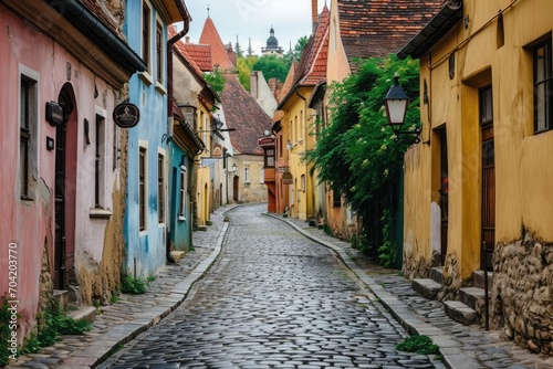 Old european cobblestone street with historic buildings © Bijac