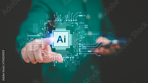 Chat with AI technology, User touch the virtual screen with Ai symbol for cybersecurity internet connect chatbot, Artificial Intelligence. Man using command prompt for generates something in design.