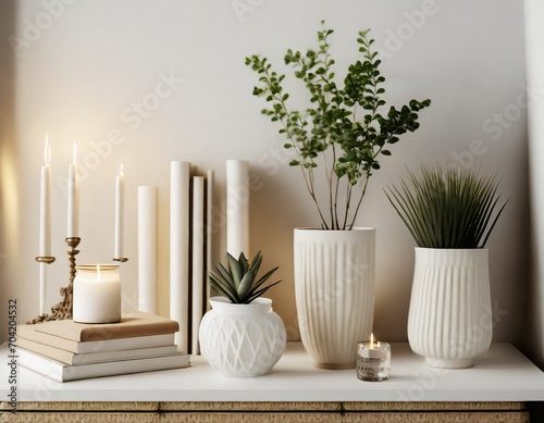 Cozy plants textiles candles warm neutral colors shelves vintage books cafe 