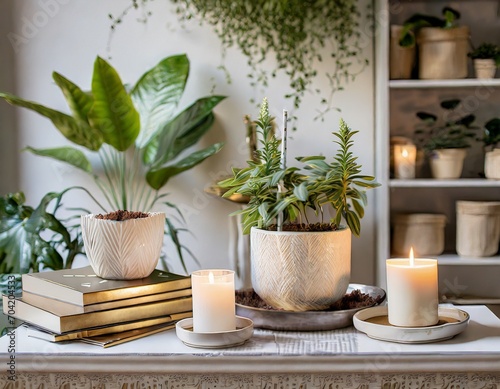 Cozy plants textiles candles warm neutral colors shelves vintage books cafe 