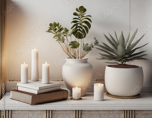 Cozy plants textiles candles warm neutral colors shelves vintage books cafe 