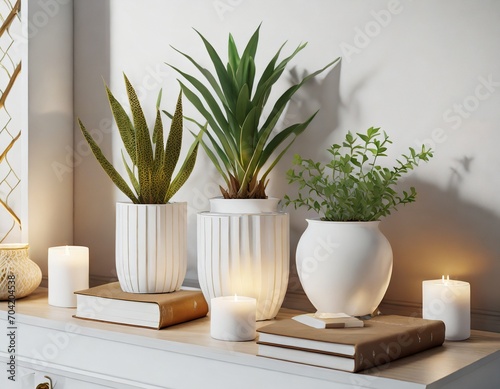 Cozy plants textiles candles warm neutral colors shelves vintage books cafe 