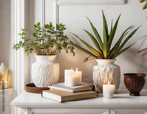 Cozy plants textiles candles warm neutral colors shelves vintage books cafe 