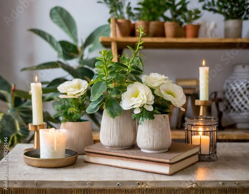 Cozy plants textiles candles warm neutral colors shelves vintage books cafe 