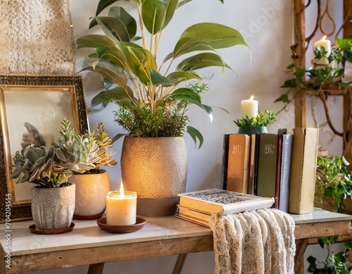 Cozy plants textiles candles warm neutral colors shelves vintage books cafe 