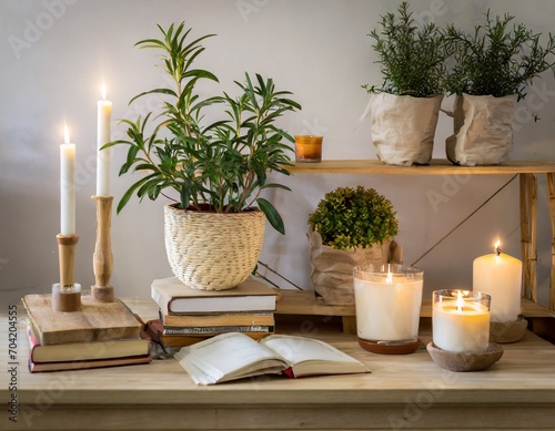 Cozy plants textiles candles warm neutral colors shelves vintage books cafe 