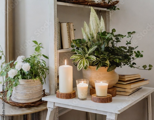 Cozy plants textiles candles warm neutral colors shelves vintage books cafe 