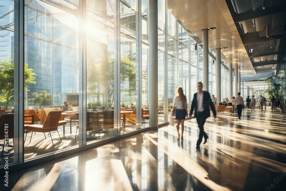 Business professionals walking in a modern office building - obrazy, fototapety, plakaty 