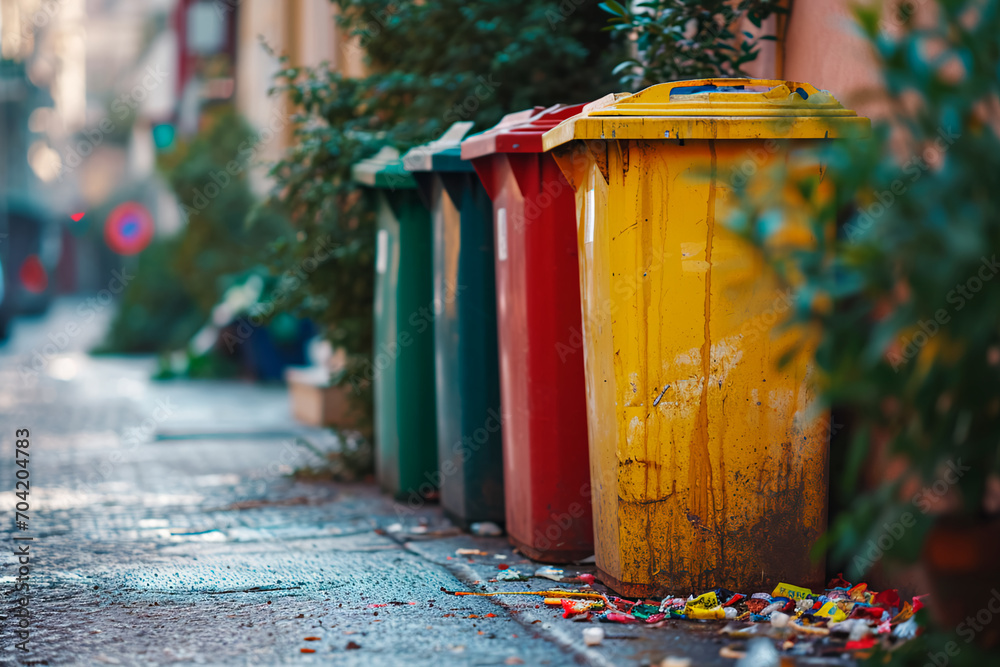 Colorcoded garbage cans for sorting waste on a city street, promoting