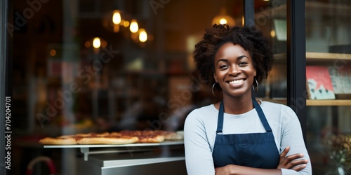 Portrait of a smiling young African American woman standing in front of her small business