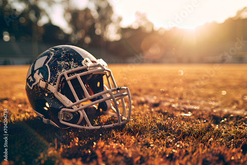 A football and a helmet resting on the field. photo